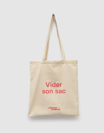 Tote bag naturel, avec le texte vider son sac en rouge, de vilains-voisins imprimerie et studio de design graphique à Rethel, dans les Ardennes.