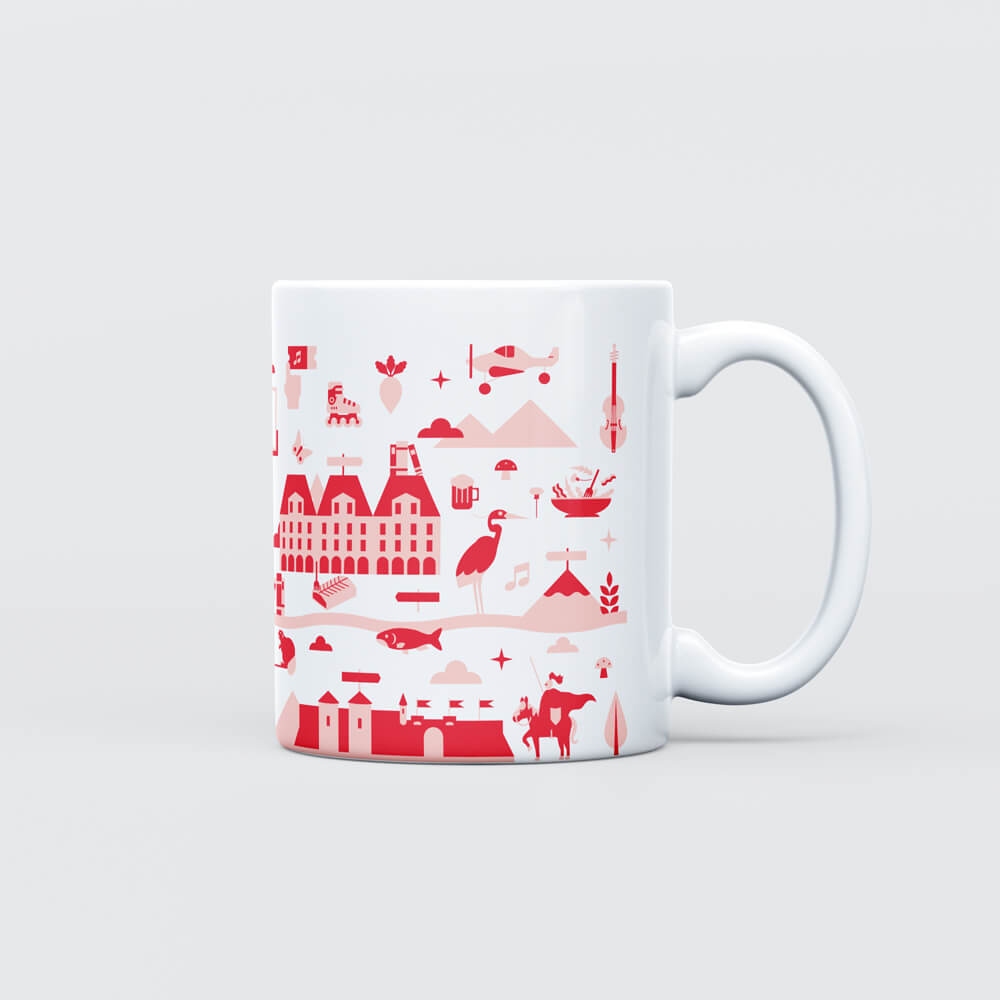 Mug avec fresque illustrant les atouts du patrimoine des Ardennes, représentant les monuments historiques, paysages naturels et traditions de la région.