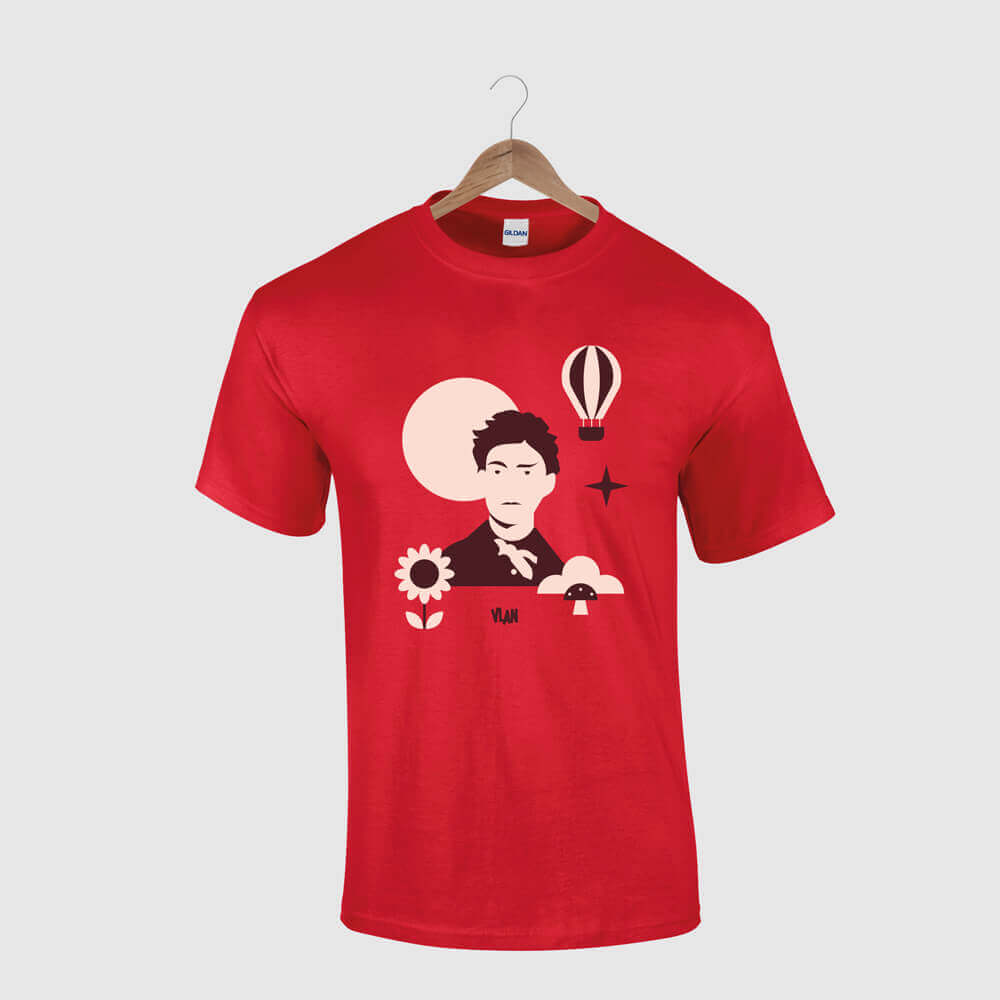 T-shirt homme rouge imprimé Arthur Rimbaud poète design Ardennes, de vilains-voisins imprimerie et studio de design graphique à Rethel